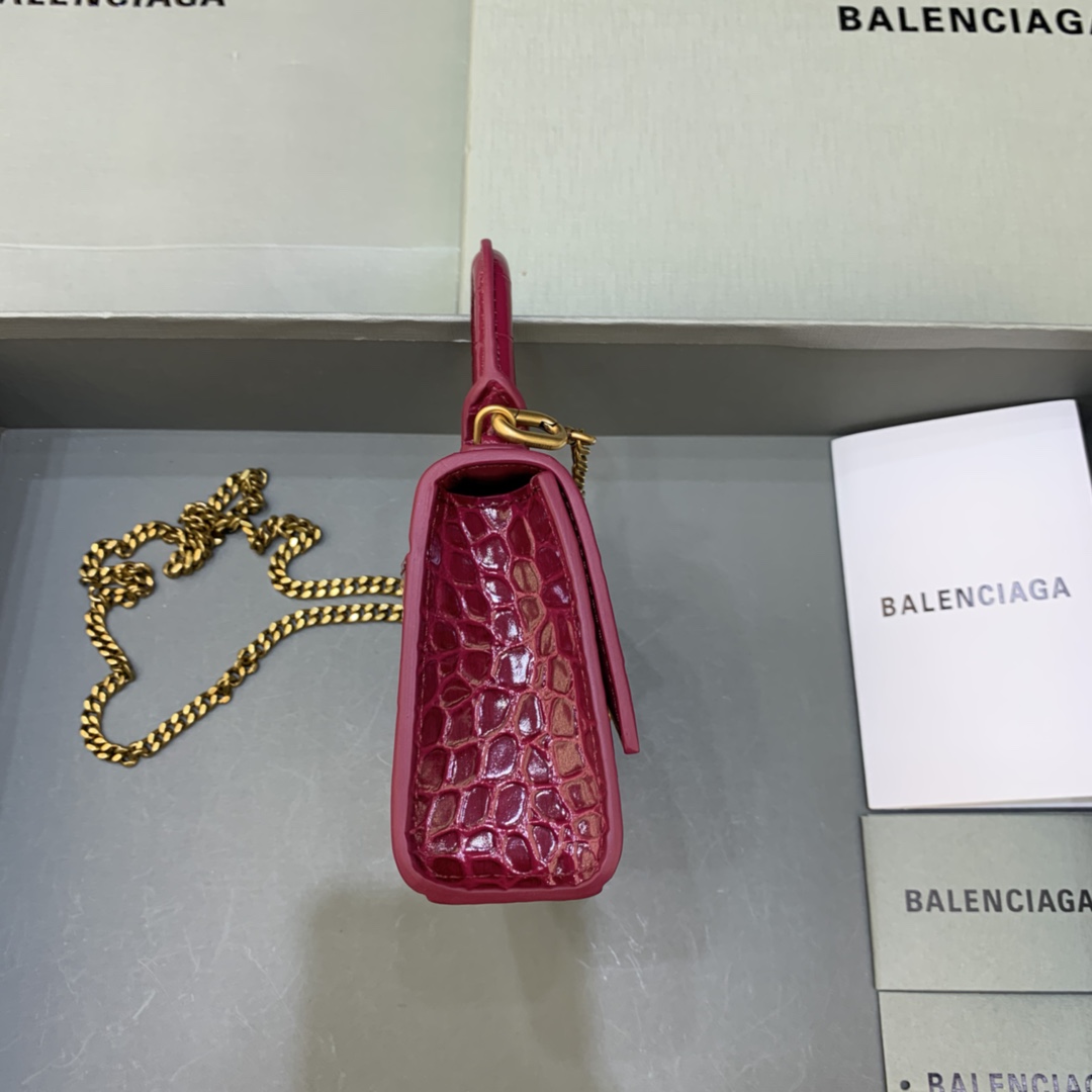 Balenciaga Hourglass Mini Handbag With Chain Crocodile Embossed Shoulder Bag Dark red